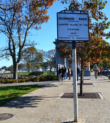 Plymouth Rock sign in Pilgrim Memorial State Park, Water St., Plymouth