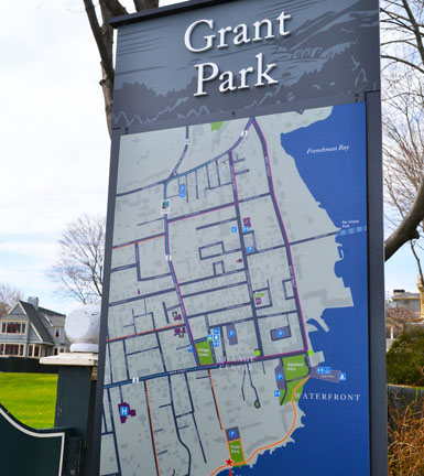 Grant Park sign and map of downtown, Bar Harbor