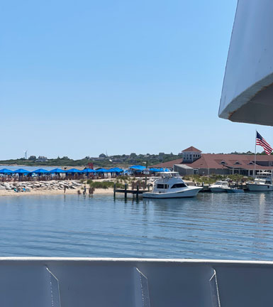View of Ballard's Resort from ferry, Old Harbor, Block Island