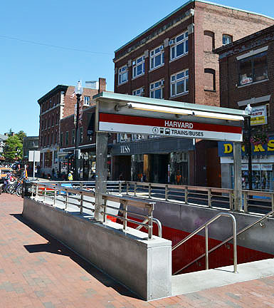 MBTA train station entrance, Mass. Ave. and JFK St., Harvard Square, Cambridge, Ma.