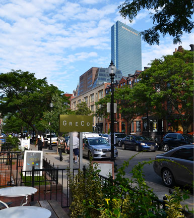 Greco restaurant, view of Newbury St. and John Hancock Tower, Boston