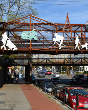 Metal sculpture on bike path bridge over Main St., Downtown Northampton, Ma.