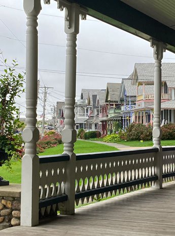 View of MVCMA cottages from Summercamp Hotel, Lake Ave., Oak Bluffs